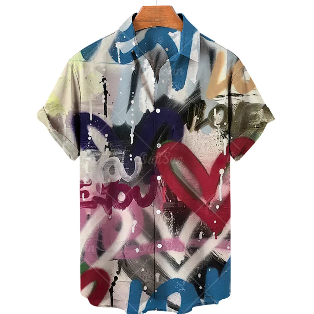 Hawaiian men's shirts, breathable, loose, with graffiti patterns of love, a popular trend in Europe and the United States cheap