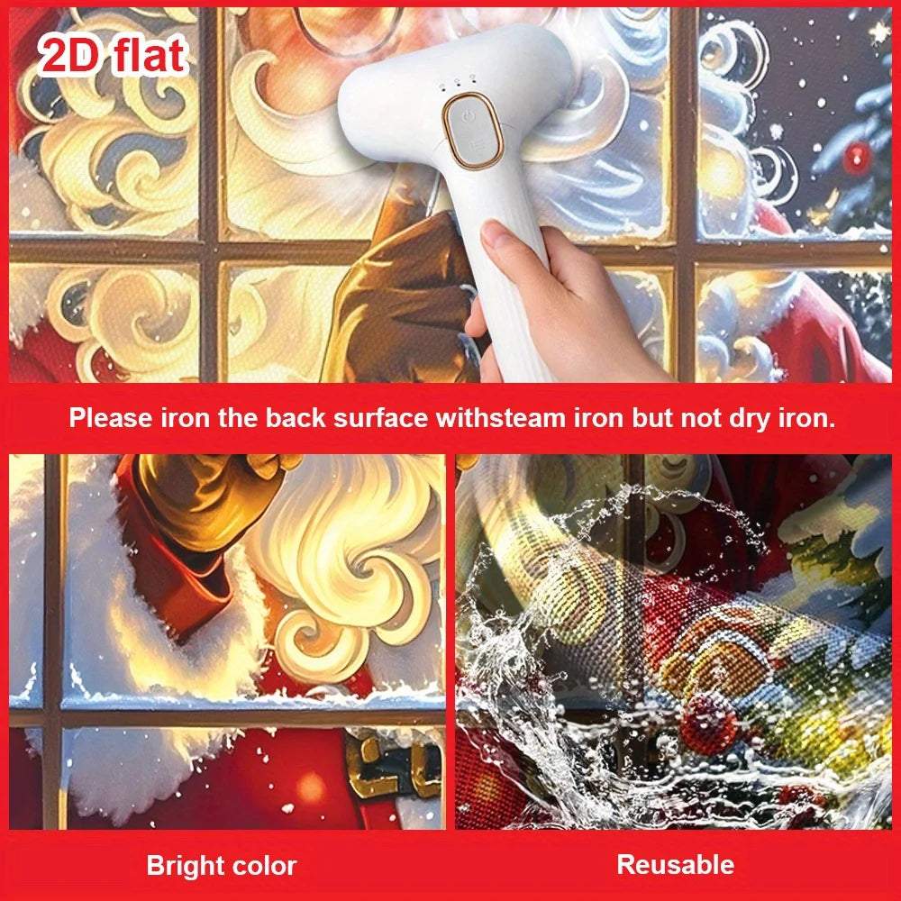 Christmas themed decoration flag, classic Santa Claus in red suit, snow windows, Christmas tree, gifts, and colorful lights