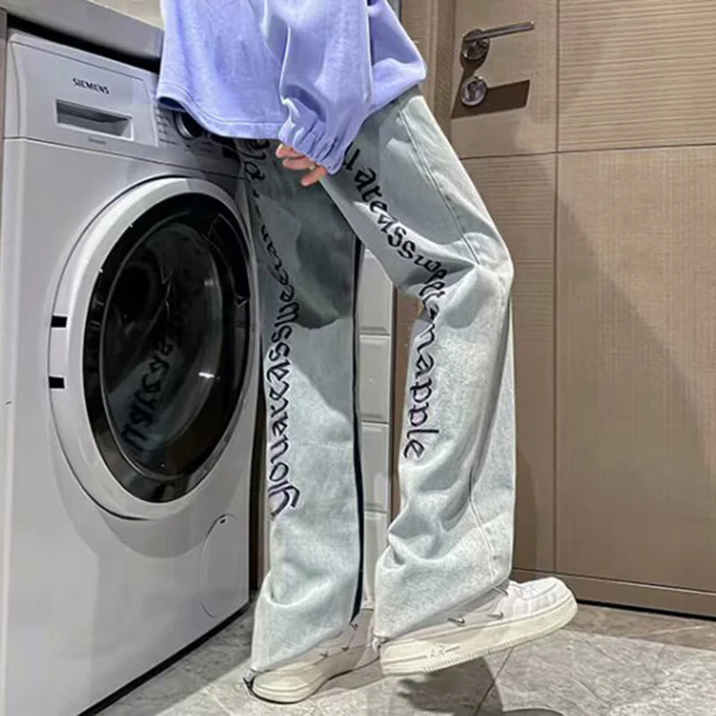 Man Fashion Casual Jeans Male Hip-hop Chic Loose Straight Leg Brand Retro Streetwear Pants Letter Print Goth Punk Baggy Trousers