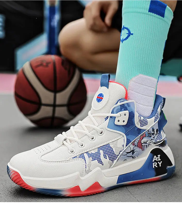 Couple Basketball Shoes Men High Top Sports Wear Resistant Air Cushioning Shoes Athletic Boots Comfortable Breathable Sneakers