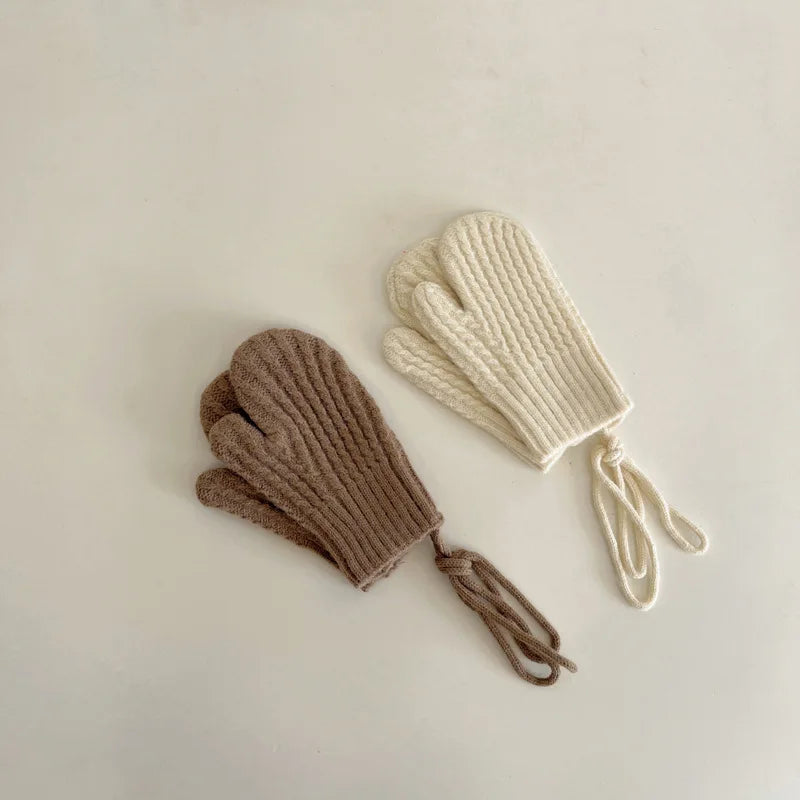 Winter Wool Children Mittens with Straps Knitted Finger Warmer Gloves for Girls Boys Solid Color Kids Accessories 4-10 Years Old