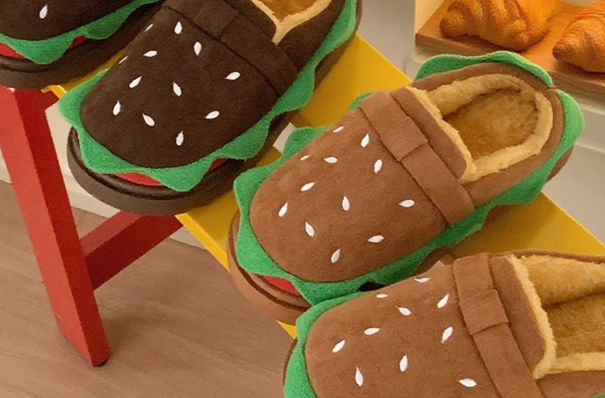 Women's Home Slippers Winter Warm Fuzzy Hamburger Slippers Funny Cute Indoor Rug Flat-Soled Home Shoes Plush Home Slippers
