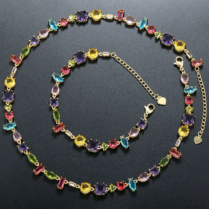 ZHUKOU 18K Golden Plated Colourful Crystals Elegant Collarbone Necklace Ladies Beaded Bracelet Ladies Jewellery:VL585 VL586