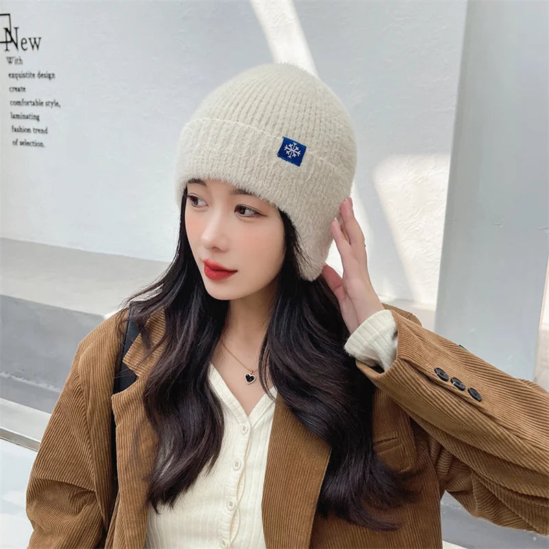 Winter Women Earflap caps Snowflake knitted hats Ear protection hats  Adult Ladies casual mohair beanie cap Gorros