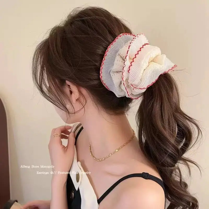 1pc French sweet lace large intestine hair ring, high-end niche design double lace hair rope girl versatile hair accessories