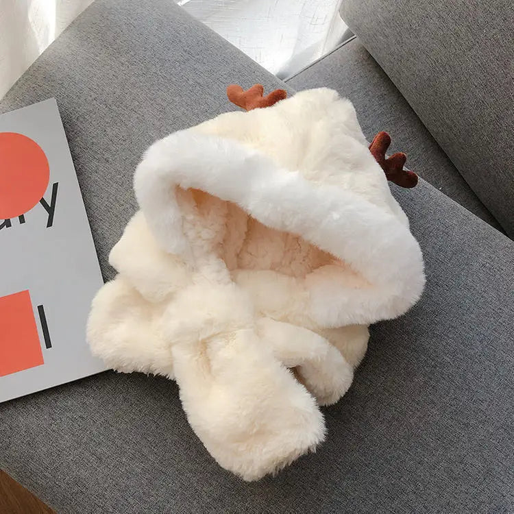 Winter Kids Hat for Boy Girl Cartoon Deer Antler Scarf One-Piece Faux Fur Baby Bonnet Thicken Infant Earflap Cute Christmas Gift