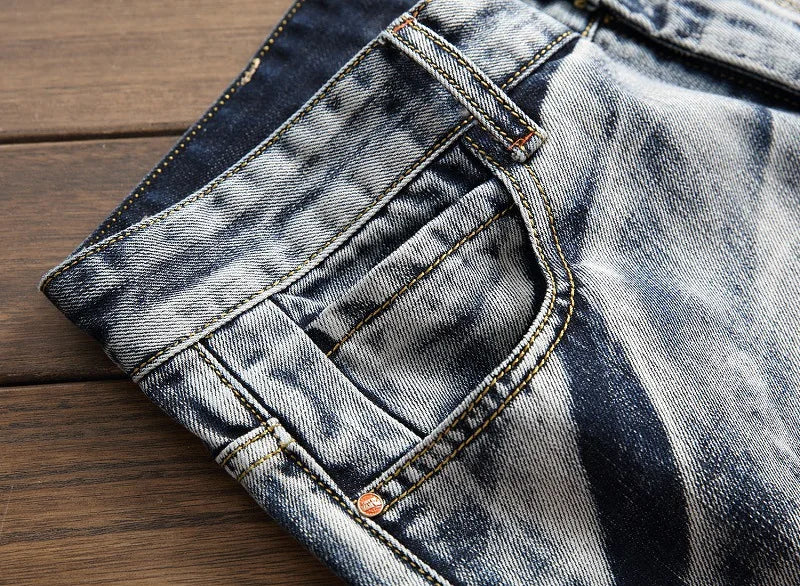 2025 Men's Fashion Vintage Jeans Slim Straight Leg Tie Dye Pleated Biker Denim Pants Male Casual Pants Oversized 42 High Quality