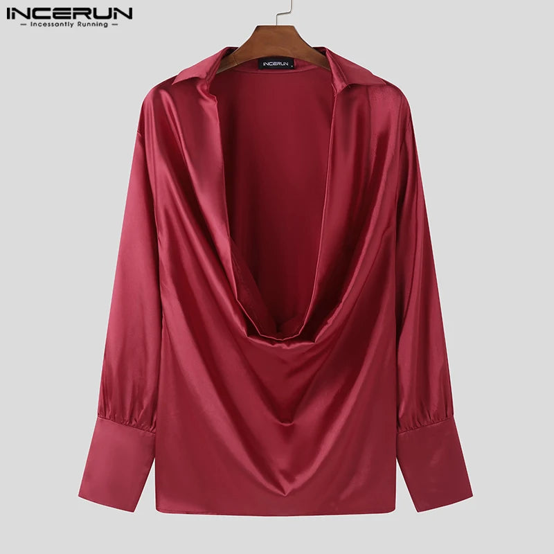 Men Shirts Casual Stylish Style Tops INCERUN Men's Shirts Sexy Male Solid Color V Neck Long Sleeve Fashion Men Clothing 2025
