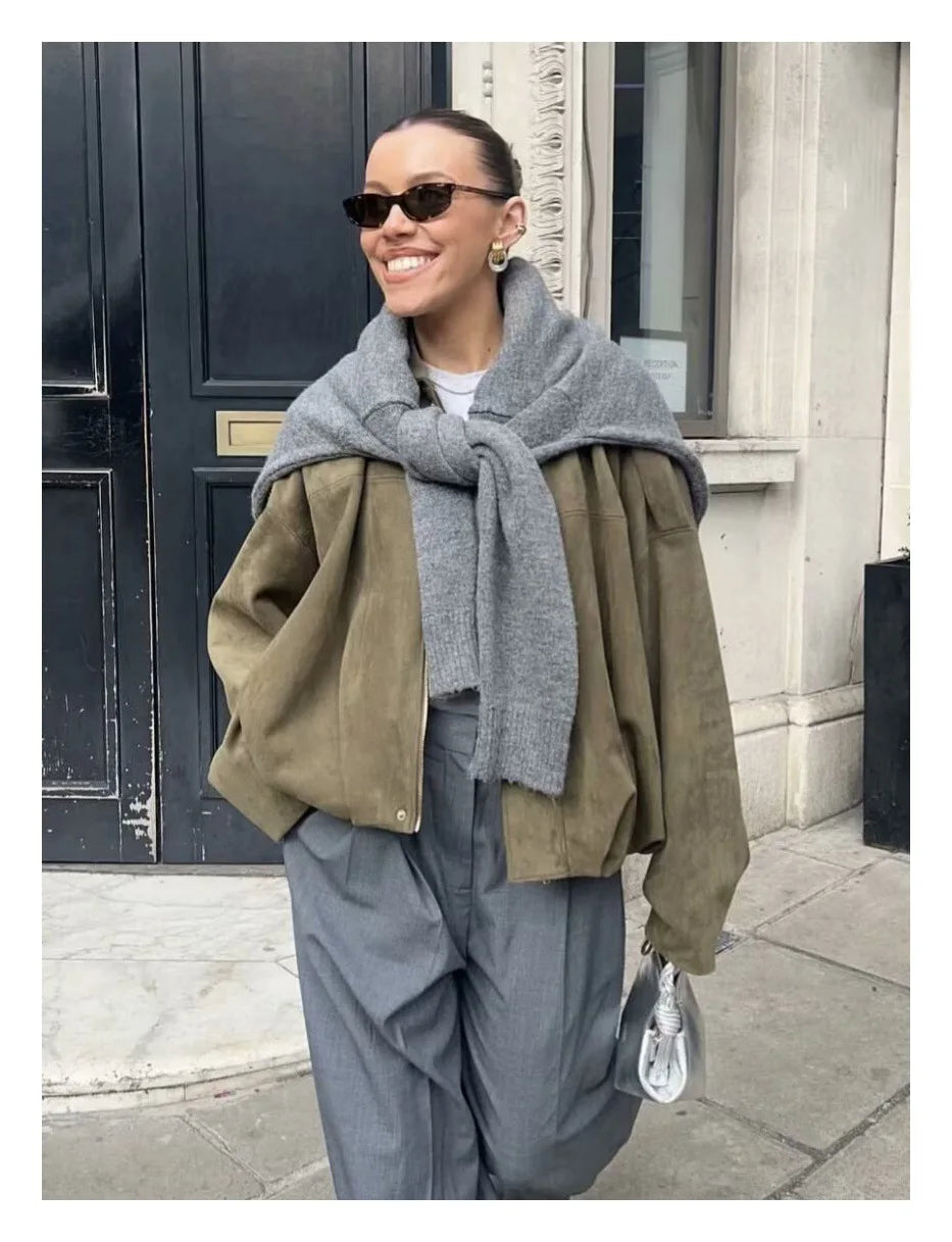 Women's Bomber Jackets Coats Fashion Turn-down Collar Long Sleeve Oversize Coats 2025 Autumn Ladies Vintage Outerwear Chic Tops