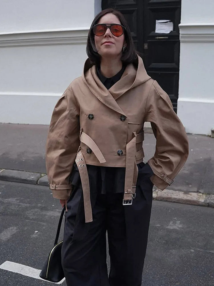 Women's Jacket Chic Double Belt Hooded Full Sleeve Button Female Female Jackets 2025 Autumn Fashion High Street Lady Outwears