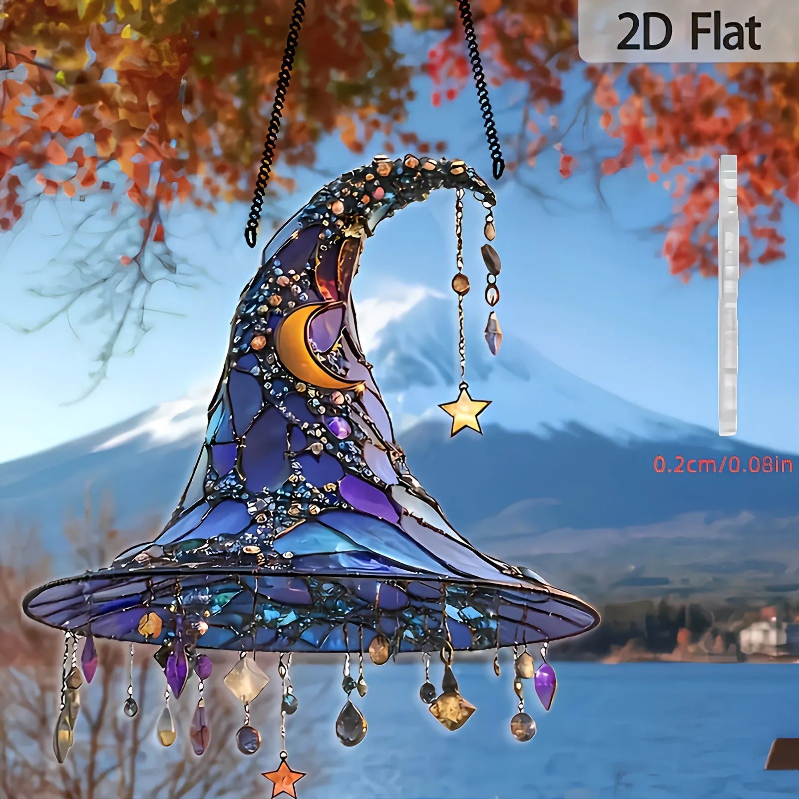 ‌Halloween Witch Hat Ornament Blue Acrylic Hanging Decor Glow in the Dark Party Supplies Moon Star Charm Spooky Home Decoration