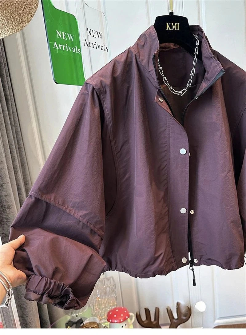 Women's Short Jacket 2025 Spring Autumn Stand-up Collar Korean Version Lady Outerwear Fashion Elegant Ladies Windbreaker Coat