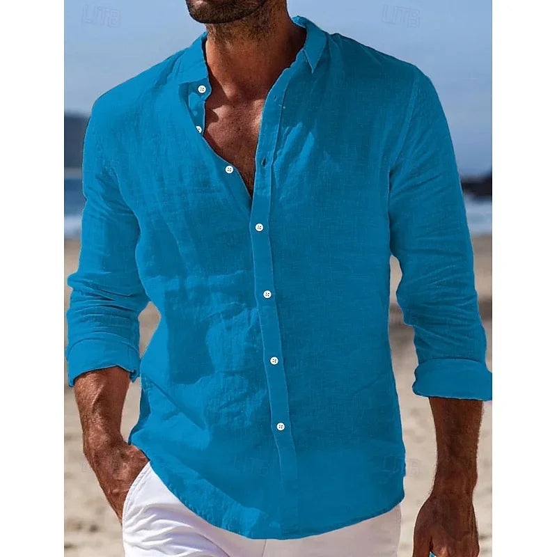Men's linen shirt summer beach shirt button solid color casual daily black white pink navy blue long sleeved lapel XS-6XL