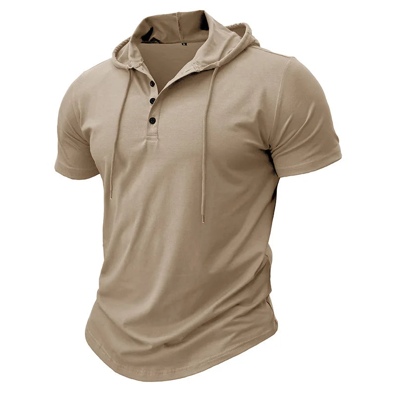 Men's Short-sleeved T-shirts for Sports and Fitness American-style Henley Shirt Hooded Top