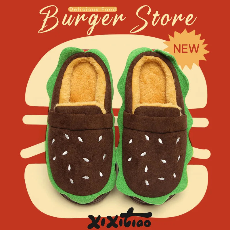 Women's Home Slippers Winter Warm Fuzzy Hamburger Slippers Funny Cute Indoor Rug Flat-Soled Home Shoes Plush Home Slippers