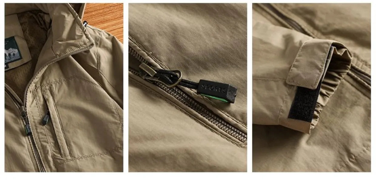 Mens Hooded Jacket 2025 New Lightweight Assault Windbreaker Large Size Thin Style Multi Pocket Casual Outdoor Spring Autumn Coat