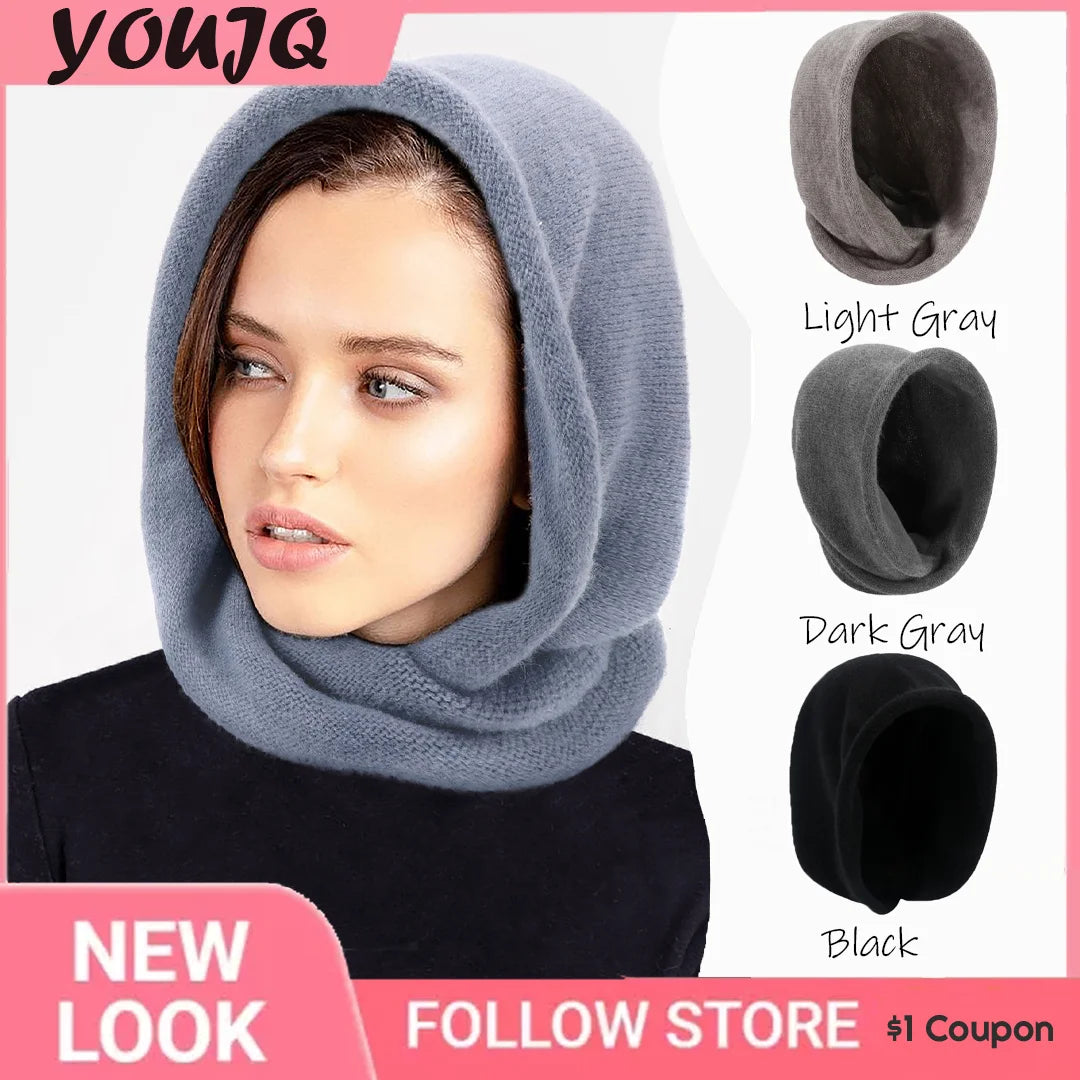 New Winter Balaclava Hat Scarf Combo Women's Fashion Knitted Cap Wrap-around Cashmere Skullies & Beanies