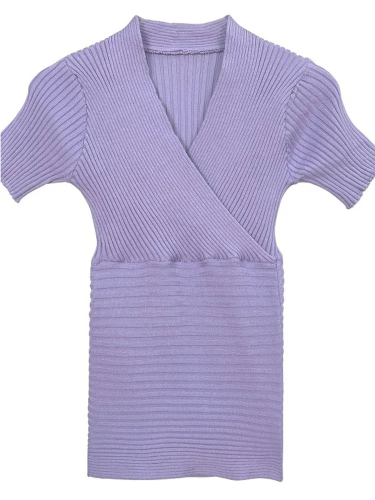 WOMENGAGA Korea Sexy V-neck High Waist Large Chest Tight Thin Knit Short Sleeve T-shirt Women's Hot Sexy Korean Women Tees 5INW