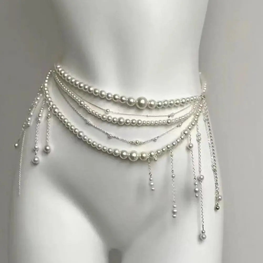 Fashion Y2K Retro Multilayer Pearl Waist Chain Belt For Women - Stylish Body Jewelry Accessories For Party & Casual Wear