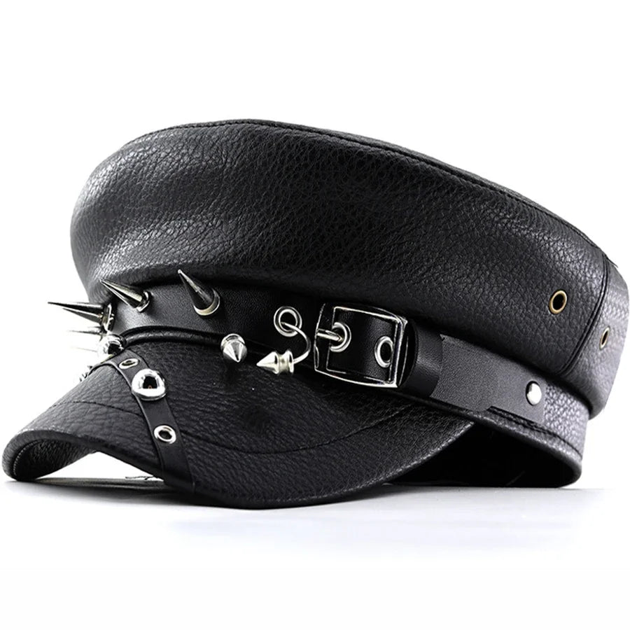 Women's Accessories  Black Pu Leather Flat Top Captain Military Caps Women's Trendy Beret