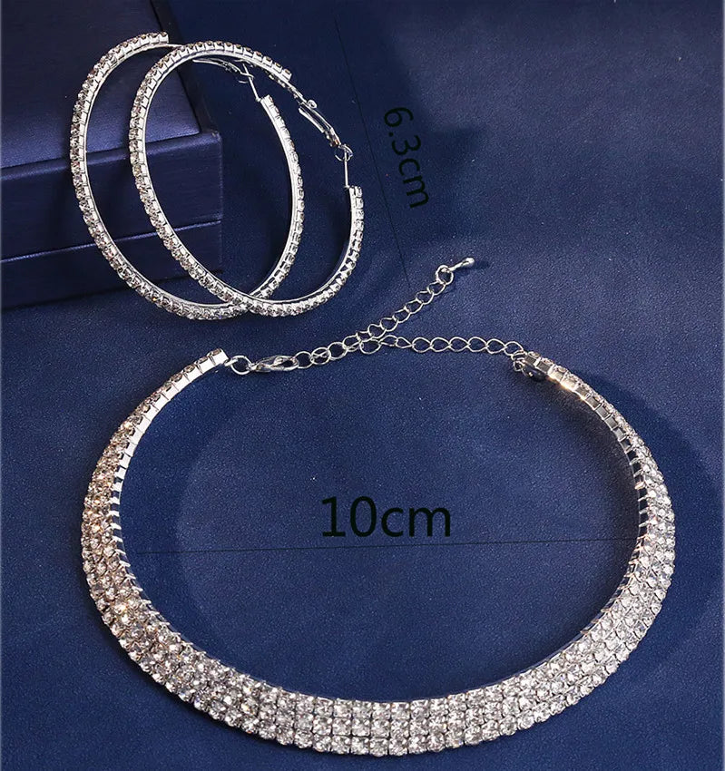 Fashion Crystal Necklace Earrings Set For Women Shining Chunky Necklace Big Hoop Earrings Sets Jewellery Women Wedding  Jewelry