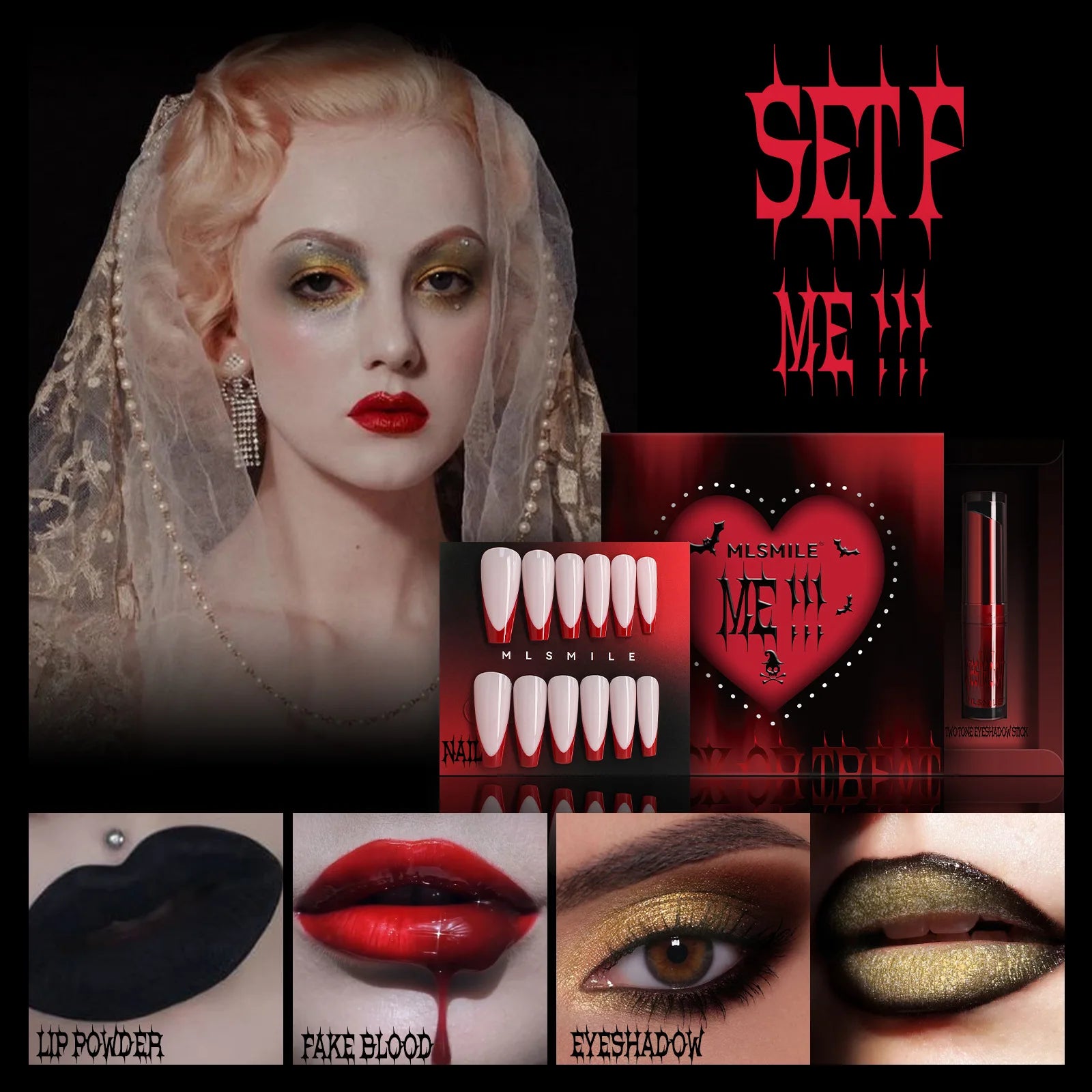 MLSMILE Halloween Makeup Set Eyeshadow Glitter Lip Glaze Fake Blood Wearing Armor 4pcs/set Festive Set Trick or Treat Cosmetics