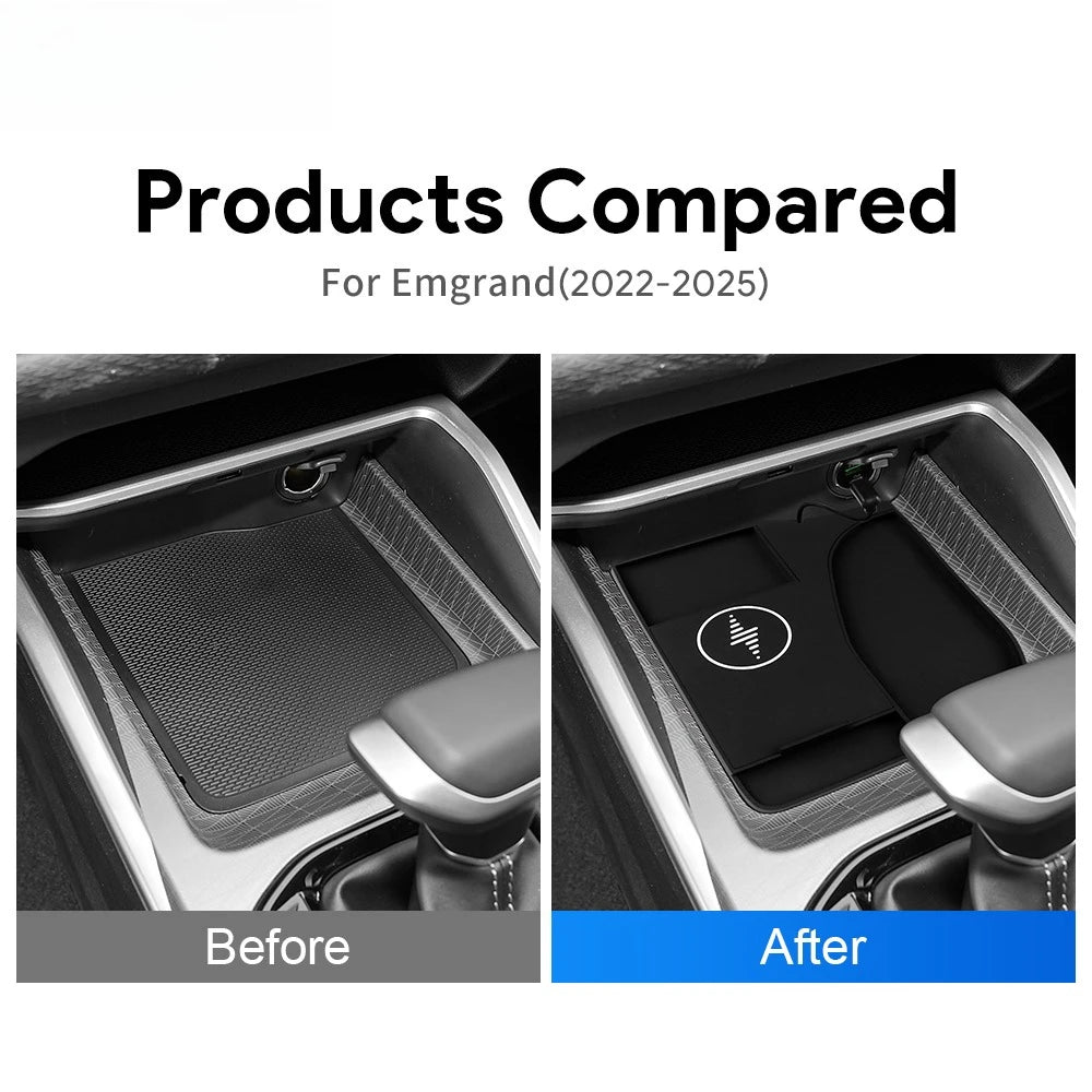 Car Wireless Charger Pad Stable Fast Charging For Geely Emgrand 2022-2025 Center Console Storage Box Trim Decoration Accessories