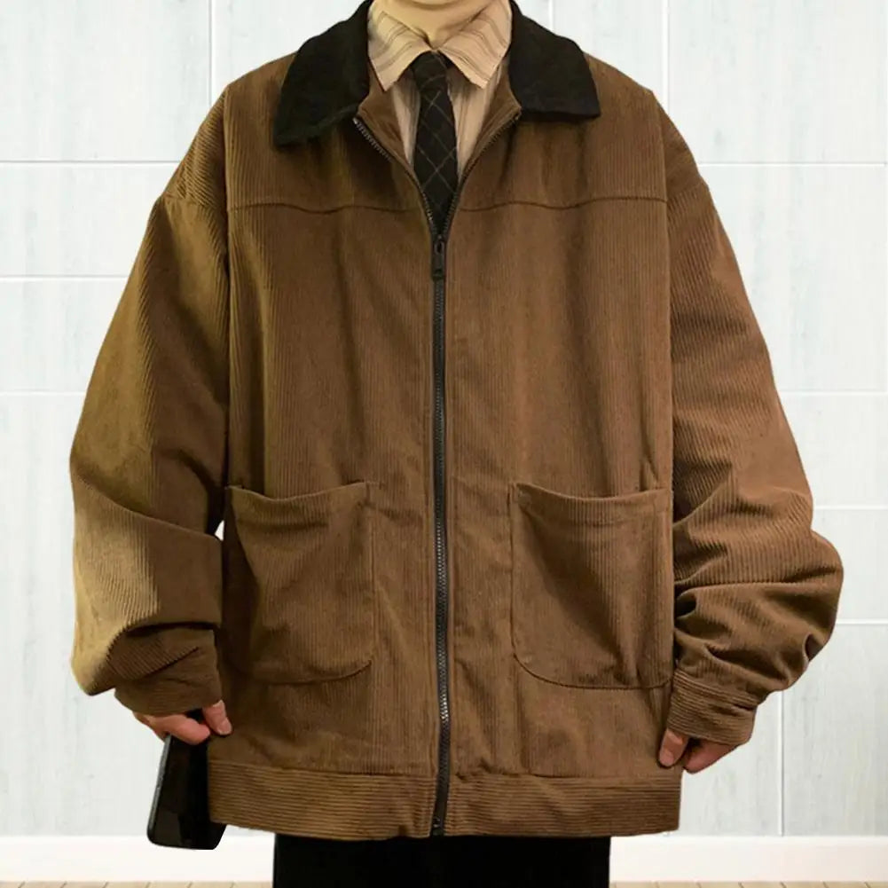 Men Jacket Stylish Men's Corduroy Patchwork Jacket with Full Zipper Placket Lapel Coat Outwear for Fall Winter Corduroy Outwear