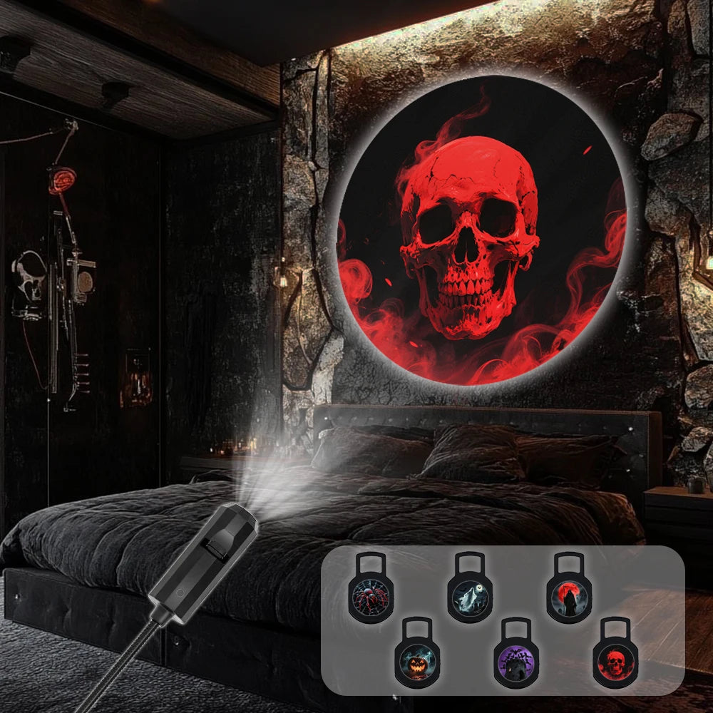 Halloween LED night light projector, you can change the pattern, skull, ghost, bat, pumpkin, death, spider shape decoration, cre