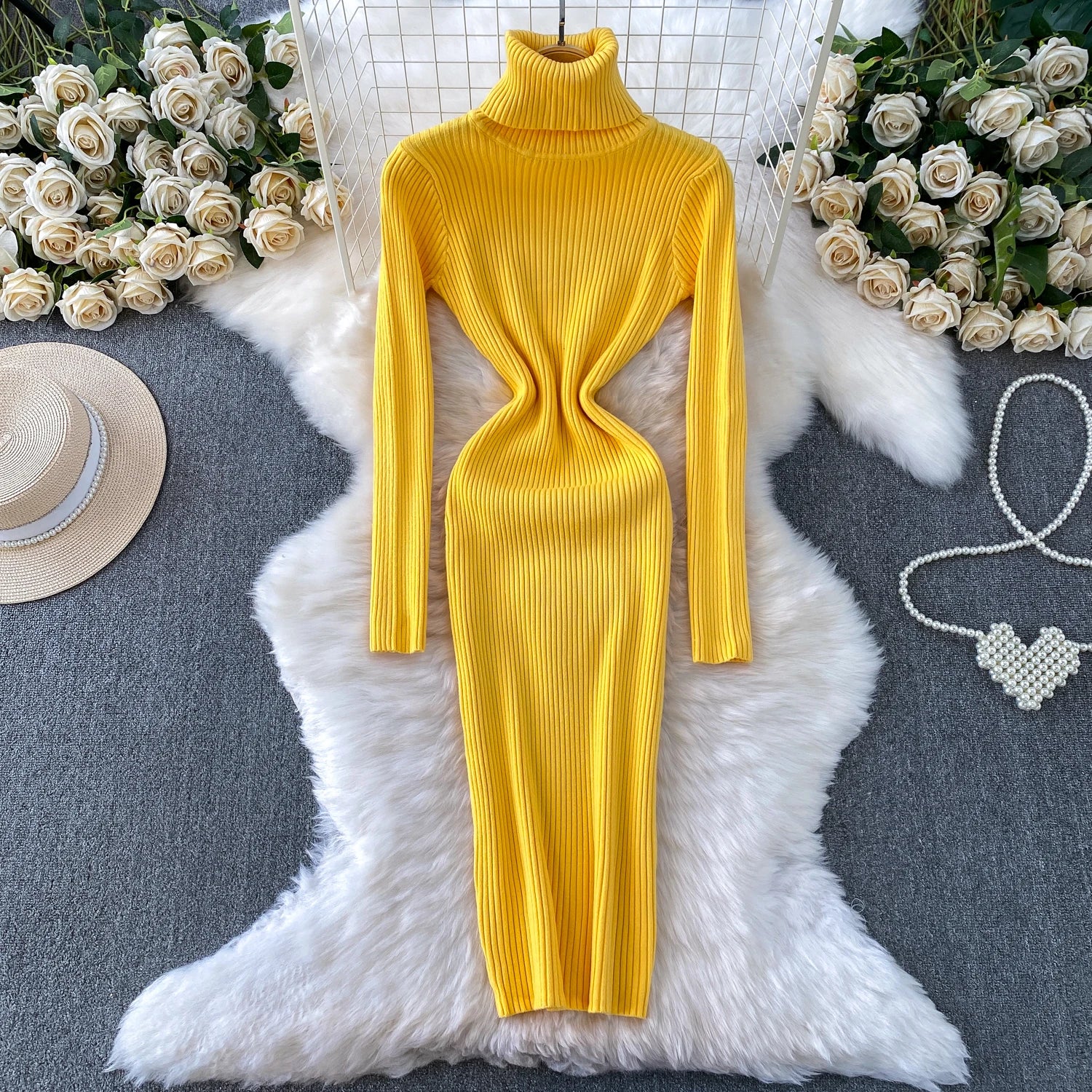 Women Winter Turtleneck Knittign Dress Stretch Slim Long Sleeve Soft Knitwear Dresses Female Casual Lining Simple Bottom Vestido