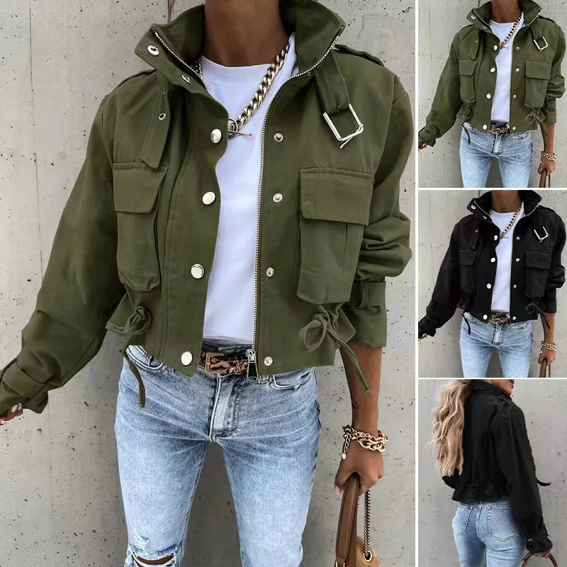 Jackets Women Coats Stand Collar Coat Zipper Print Y2k Tops Streetwear Casual Outerwear Single Breasted Spring Work Jacket
