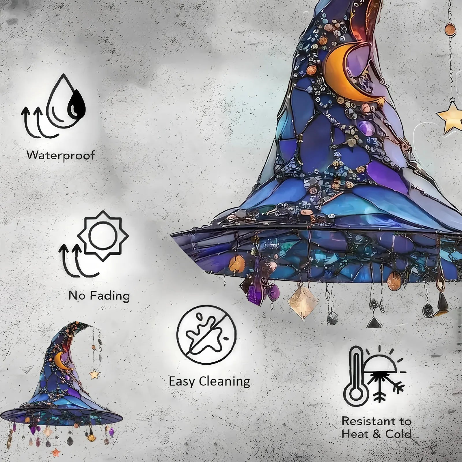 ‌Halloween Witch Hat Ornament Blue Acrylic Hanging Decor Glow in the Dark Party Supplies Moon Star Charm Spooky Home Decoration