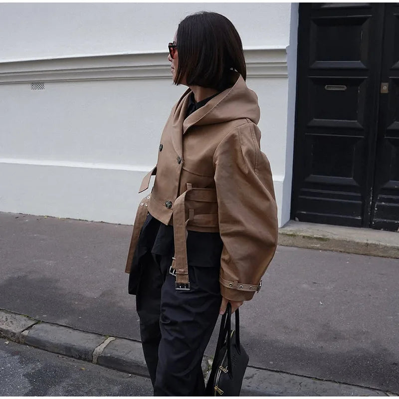 Women's Jacket Chic Double Belt Hooded Full Sleeve Button Female Female Jackets 2025 Autumn Fashion High Street Lady Outwears