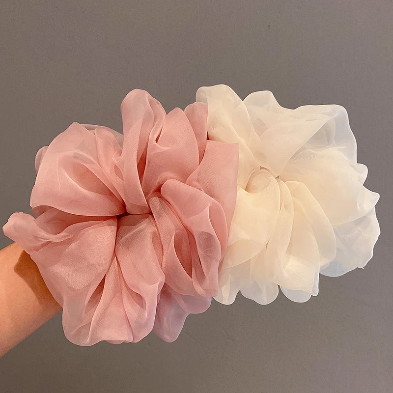 New Woman Large Solid Color Chiffon Scrunchies Elegant Women Mesh Rubber Band Black Beige Pink Ponytail Holders Hair Accessories