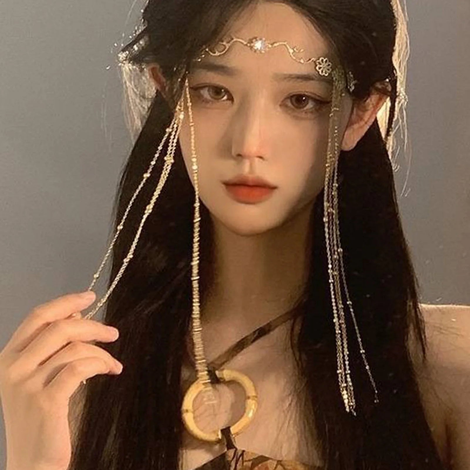 Luxury Jewelry Hair Accessories For Women Waterdrop Flower Tassel Forehead Chain Sexy Red Gemstone Hair Pendant Elegant Hairpin