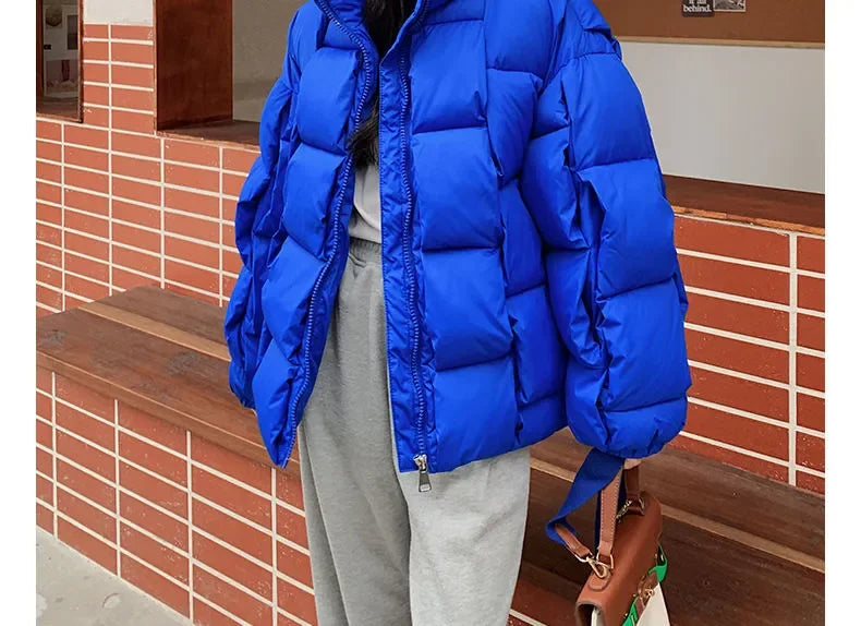 Winter Jacket for Women Three-dimensional Plaid Woven Fashion Coat Solid High Street Warm and Thick 2023 Winter New Down Jacket