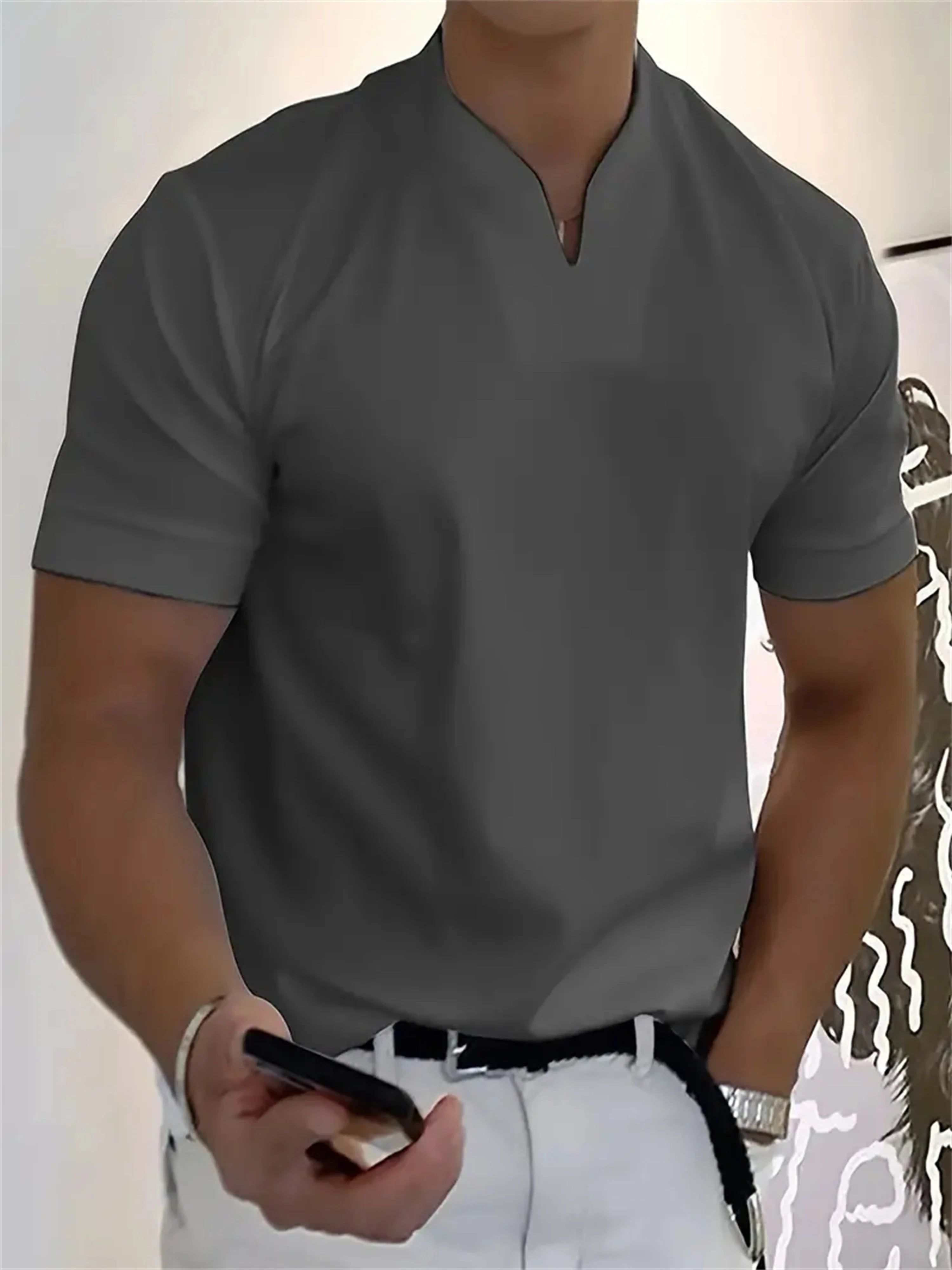 2025 New Men T-shirt Fashion V-neck Design Slim Fit Solid color Men's t-shirt Tops Tees Short Sleeve T Shirt For Men