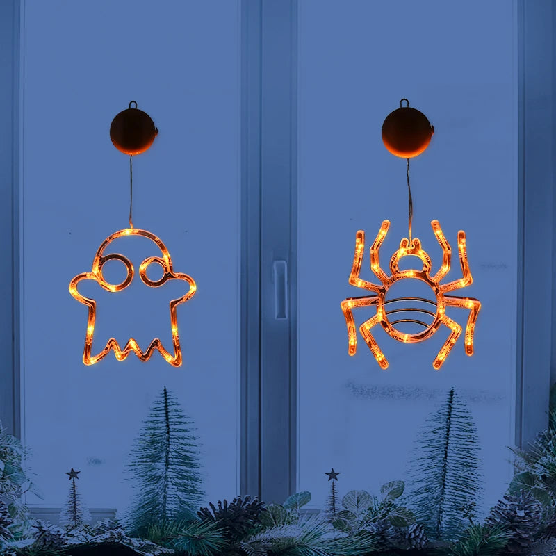 Halloween Orange Window Light Orange Pumpkin Ghost Witch Hat Design LED Sucker Lamp Bar Home Party Hanging Decor Without Battery