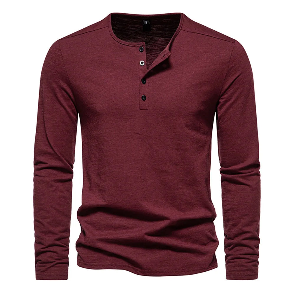 Men Long Sleeved T-shirt Cotton Slim Fit Bottoming Shirt Fitness Tops Tees Button Neck Casual Cozy Tshirt