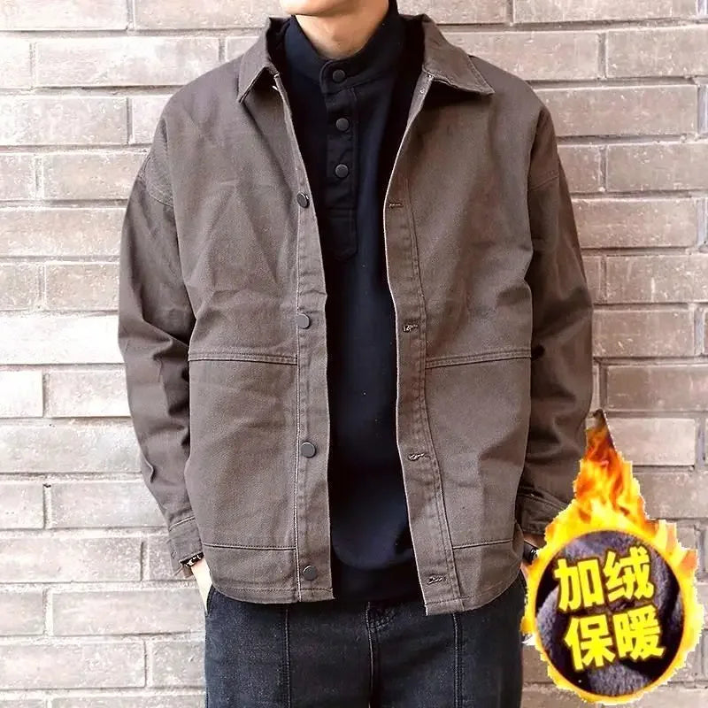 High end work jacket, men's spring and autumn trendy brand, loose American retro lapel jacket, casual and handsome denim jacket