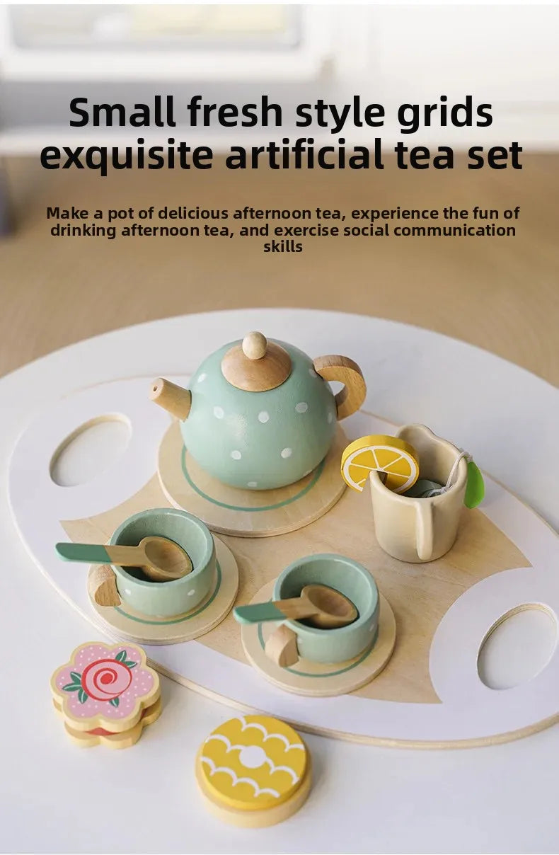 Kids Wooden Afternoon Tea Set Toys Kitchen Accessories Tea Party Food Play Early Educational Toys for Toddlers Girls Boys Gifts