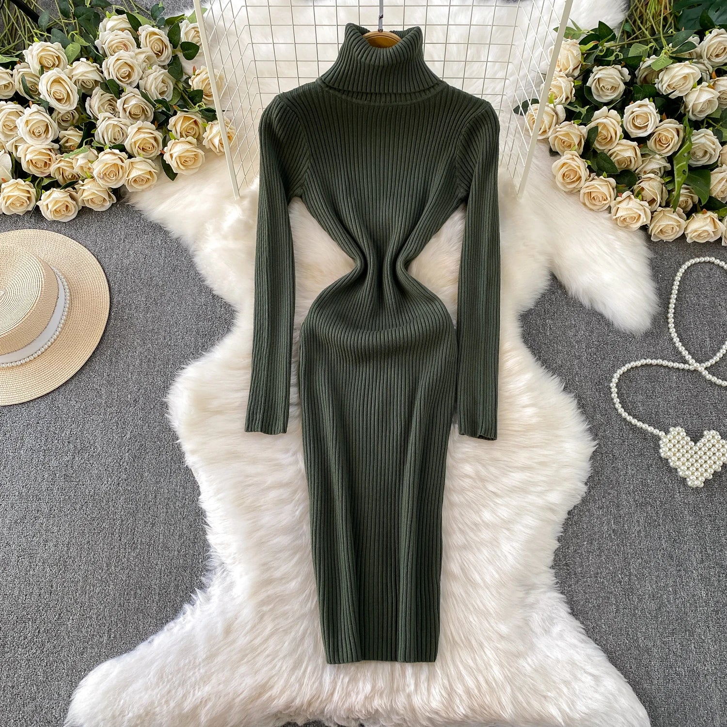 Women Winter Turtleneck Knittign Dress Stretch Slim Long Sleeve Soft Knitwear Dresses Female Casual Lining Simple Bottom Vestido