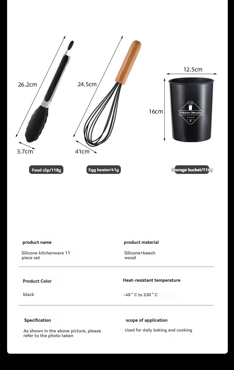 Kitchen utensil set with wooden handles, non-stick pans, food-grade cooking silicone storage set, baking and frying kitchen set