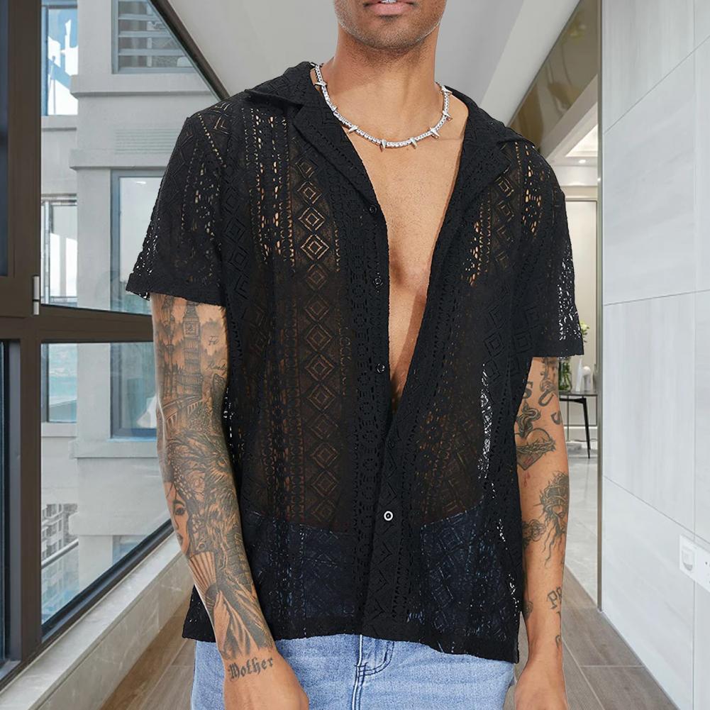 Stylish Men T-shirt Mid-length Solid Color Soft Breathable See-through Men Shirt  Men Shirt Daily Wear