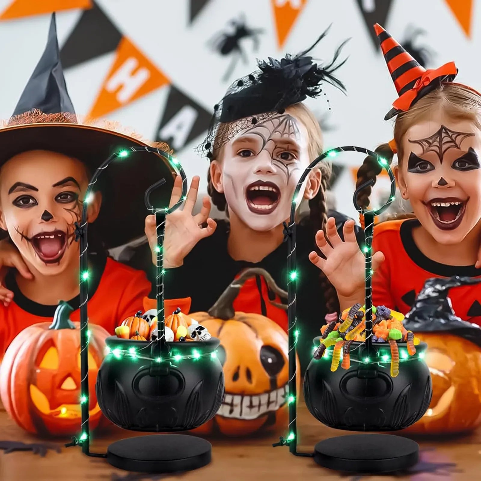 Halloween Decoration Hanging Witch With Light Pot Mist Home Decor Witch Pot Plastic Bowl Decoration Candy Bucket Decoration