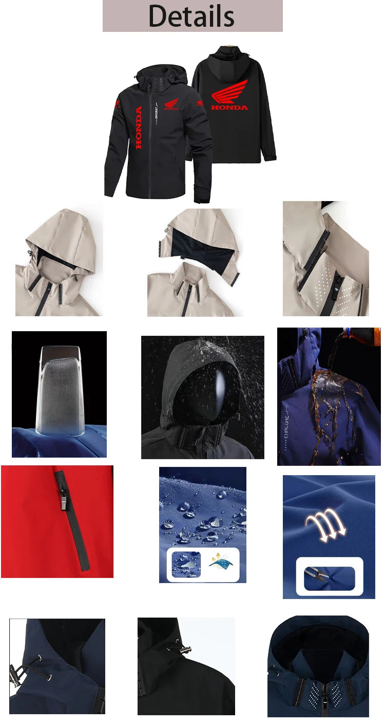Honda Motorcycle Jacket Men's Hooded Windproof And Waterproof Coat With Detachable Hood And Zipper Shirt, Large Size Riding Suit