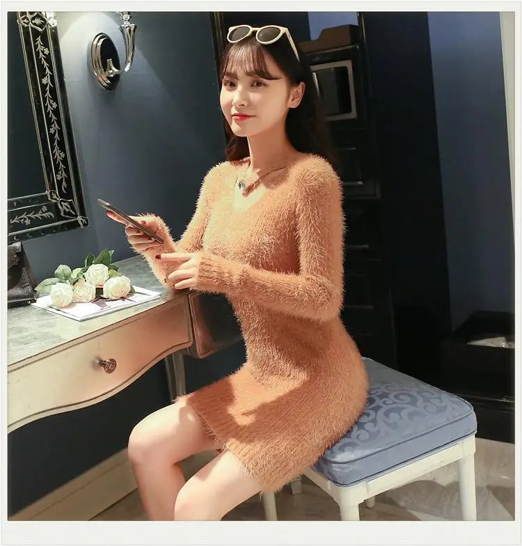 Women's Autumn Winter y2k Dresses Casual Korean Fashion Clothing Slim Mini Sweater Dress White Black Knitted Bodycon Vestidos