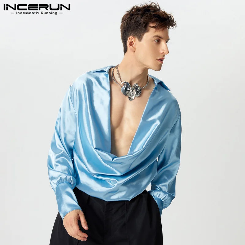 Men Shirts Casual Stylish Style Tops INCERUN Men's Shirts Sexy Male Solid Color V Neck Long Sleeve Fashion Men Clothing 2025