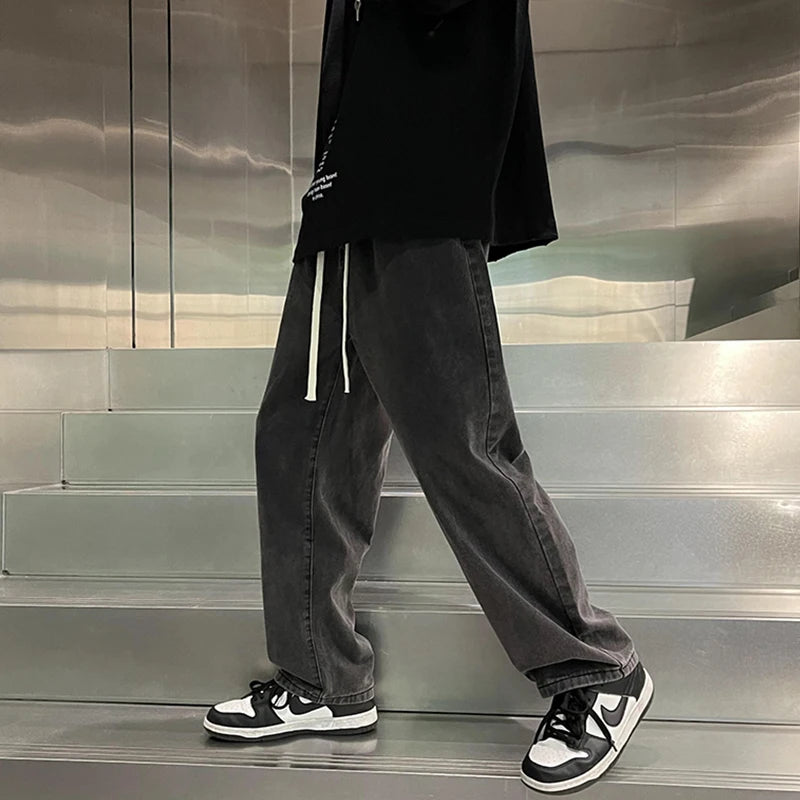 Black and Gray Jeans Men's Summer Loose Straight Trousers Trendy Brand High Street Vibe Pants Men