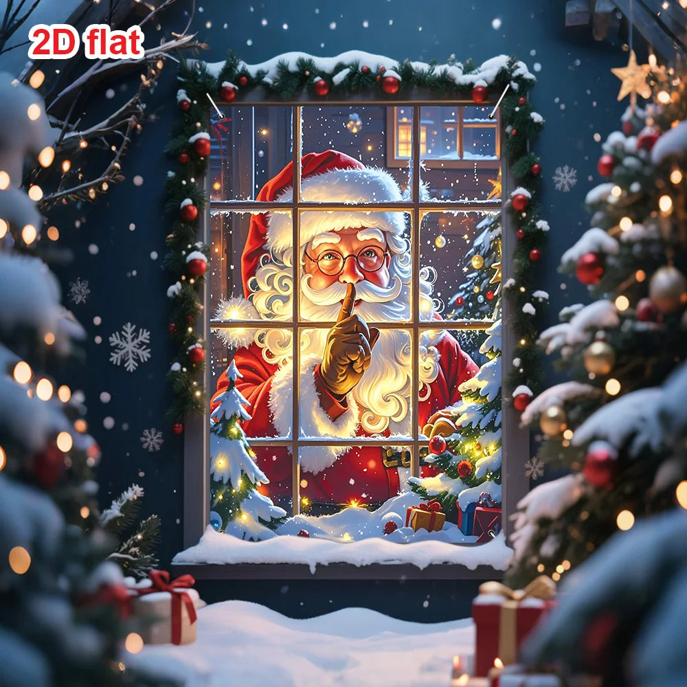 Christmas themed decoration flag, classic Santa Claus in red suit, snow windows, Christmas tree, gifts, and colorful lights